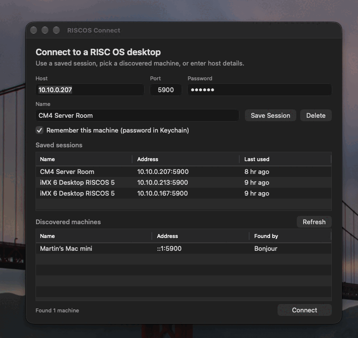 The !Connect connection window, with host, port and password, a list of saved sessions, and machines discovered on the network