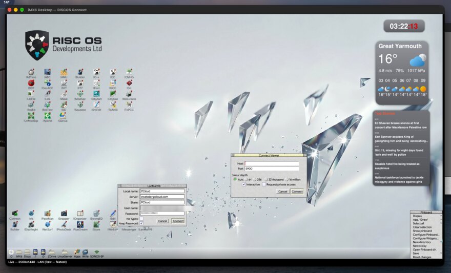 A whole RISC OS desktop running live inside a !Connect window on macOS, at 2560 by 1440 over the local network