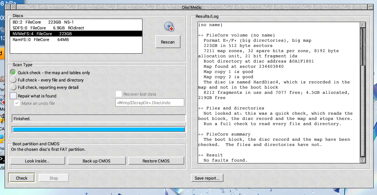 DiscMedic desktop window showing a completed FileCore quick check of an NVMe drive, with no faults found in the checked metadata