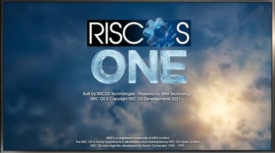 The RISC OS One boot banner, crediting ARM, RISC OS Developments, RISC OS Open and Acorn