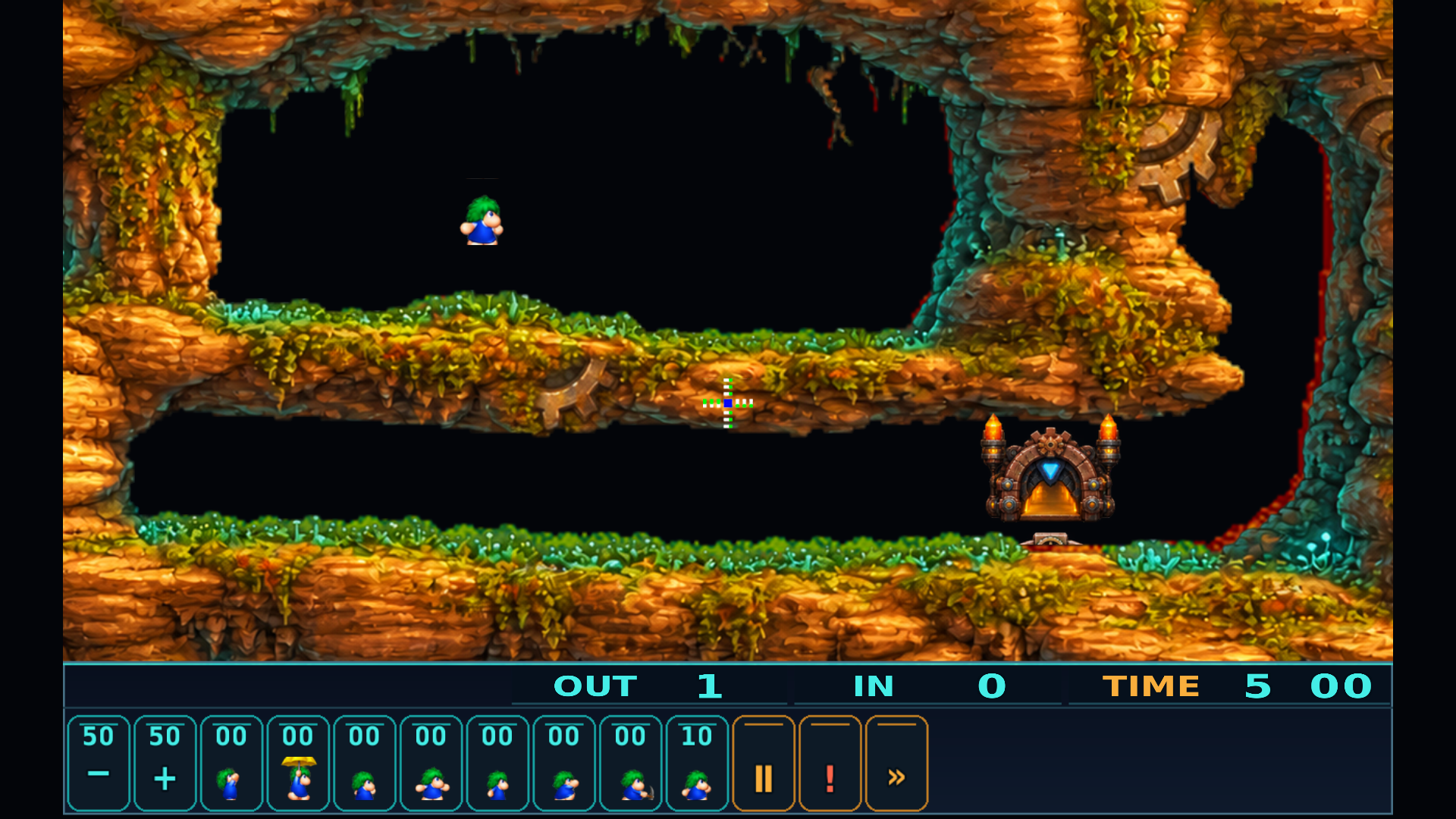 Lemmings with refreshed graphics: a detailed cavern level, a lemming, an illuminated exit and the game’s controls