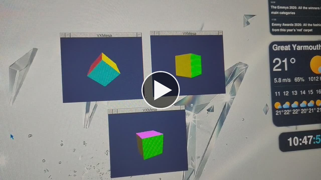 Three VXMesa windows on the RISC OS desktop, each rendering a rotating shaded cube